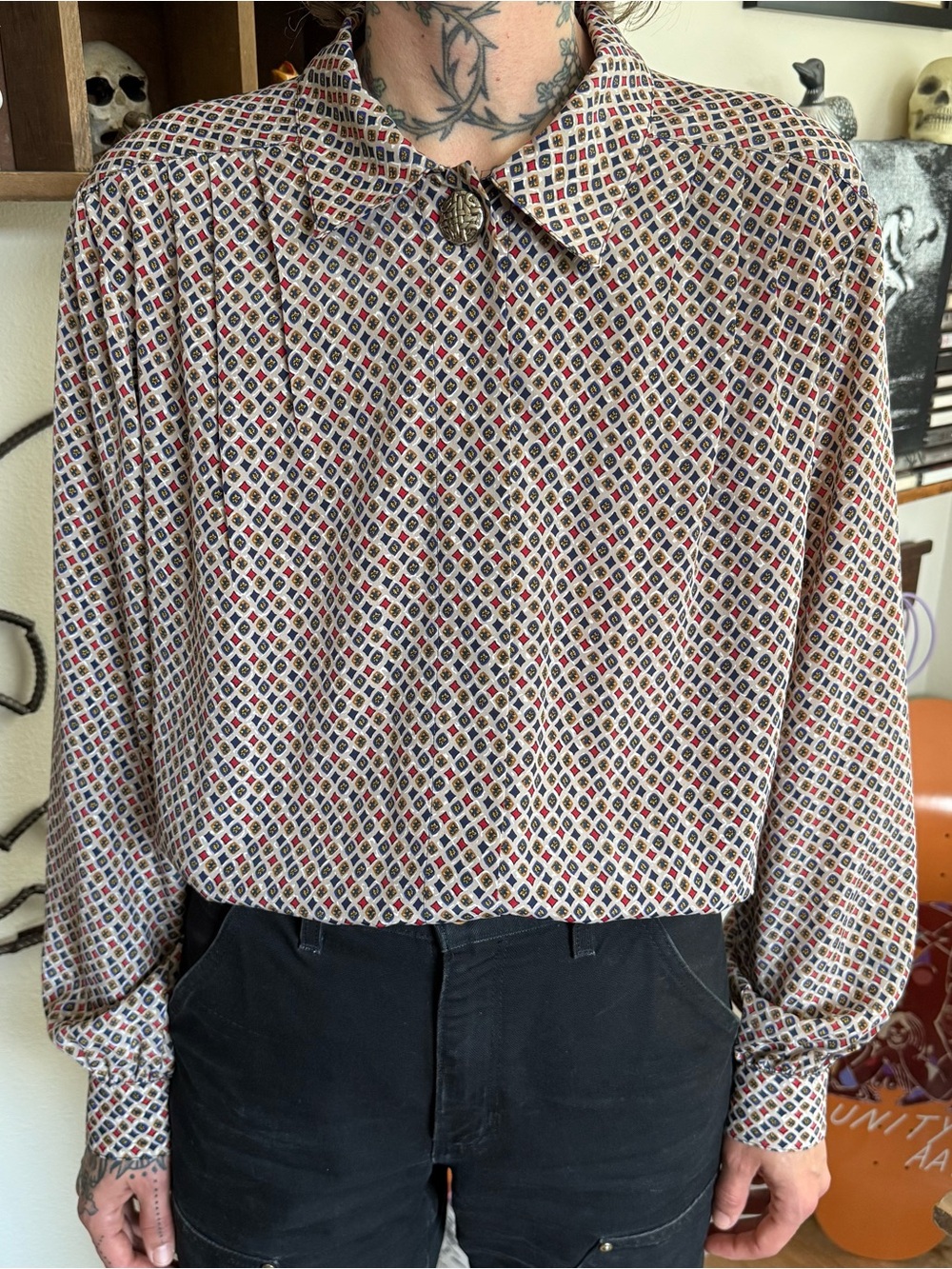 Vintage 80s Geometric Diamond Blouse Notations ~ Size XL